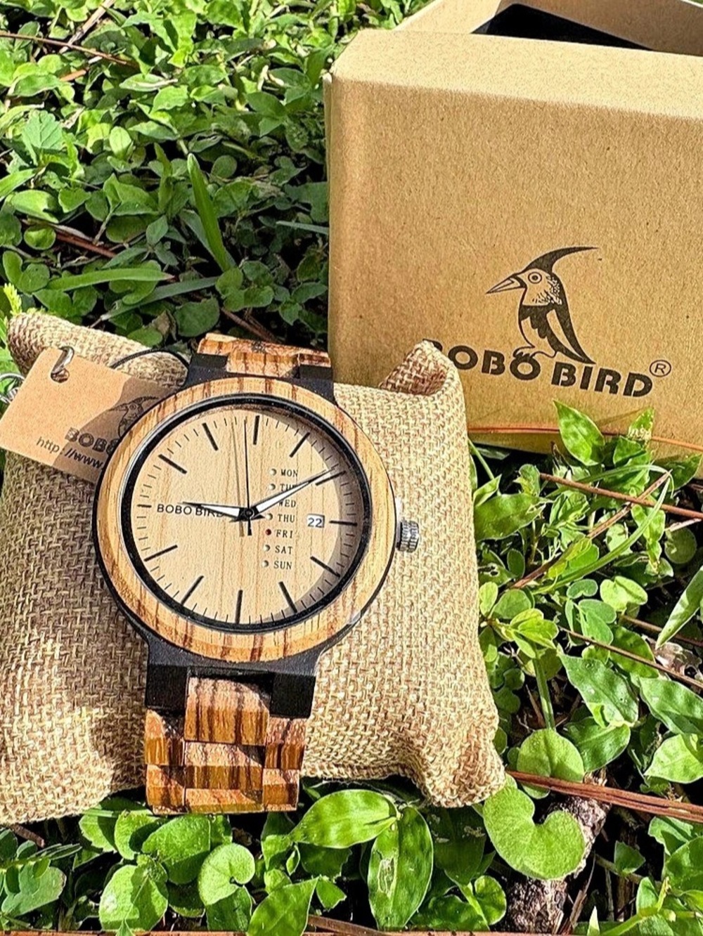 BOBO BIRD Wooden Quartz Watch Day Date Display Brown & Black